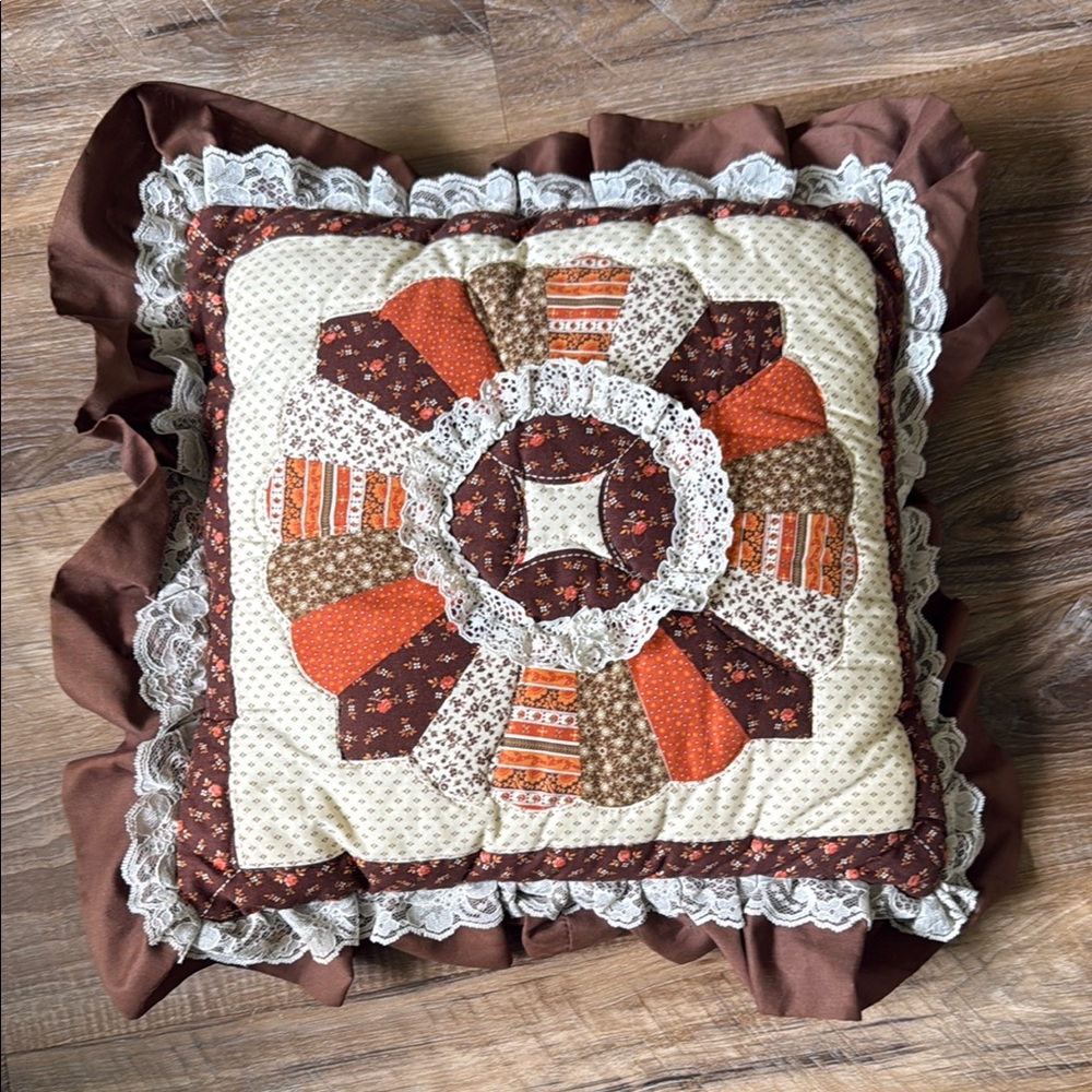 Vintage Brown and Orange Patchwork Pillow